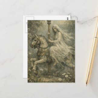 Ghost Woman on Abandoned Carousel Horse in Garden Postkarte