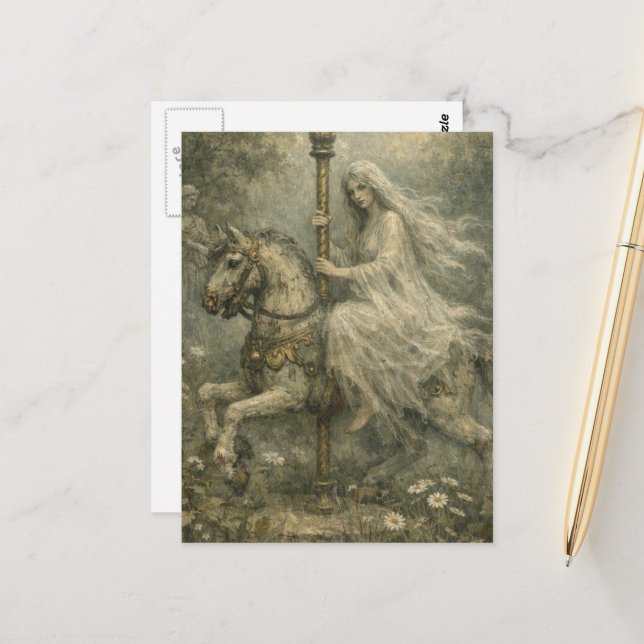 Ghost Woman on Abandoned Carousel Horse in Garden Postkarte (Vorderseite/Rückseite Beispiel)