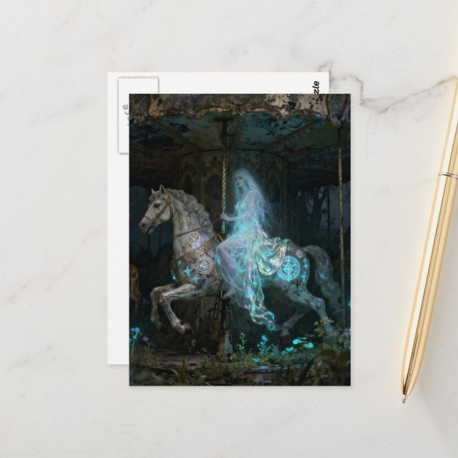 Ghost Woman on Abandoned Carousel Postkarte (Vorderseite/Rückseite Beispiel)