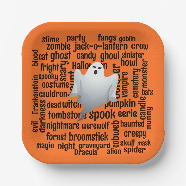 Ghosted Halloween Word Cloud Pappteller (Vorderseite)