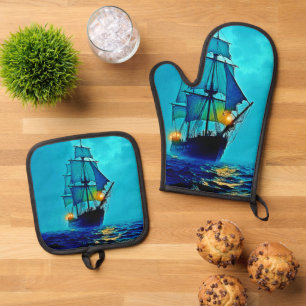 Ghosted Tall Ship Sea Voyage Design Ofenhandschuh & Topflappen-Set
