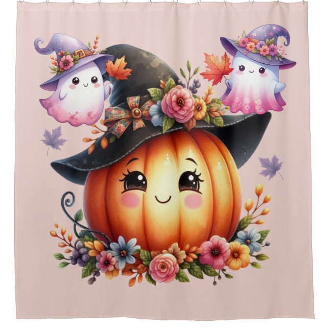 Ghosts and Pumpkin Halloween Design Duschvorhang (Vorderseite)