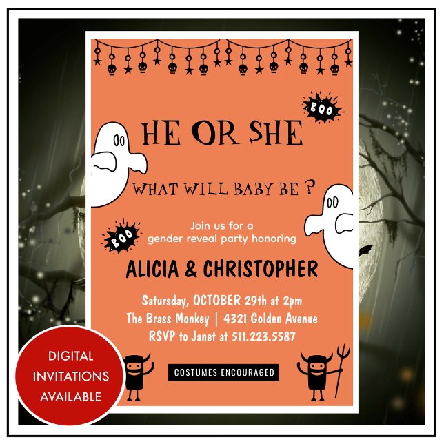 Ghosts Orange Oktober Halloween Genderenthüllung Einladung (Ghosts-Orange-October-Halloween-gender-reveal-Invitation-1)
