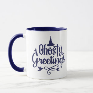 Ghotly Greetings Dark Blue und White Halloween Tasse