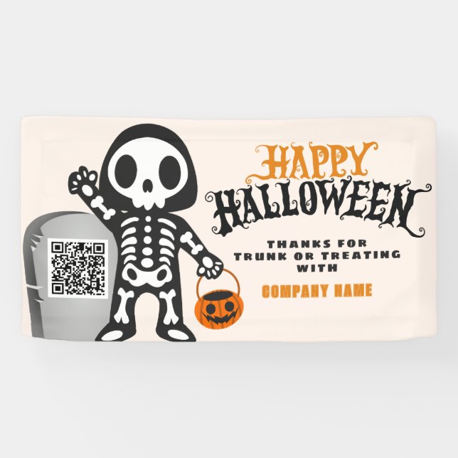 Ghoulish Skeleton Happy Halloween QR Business Banner (Horizontal)