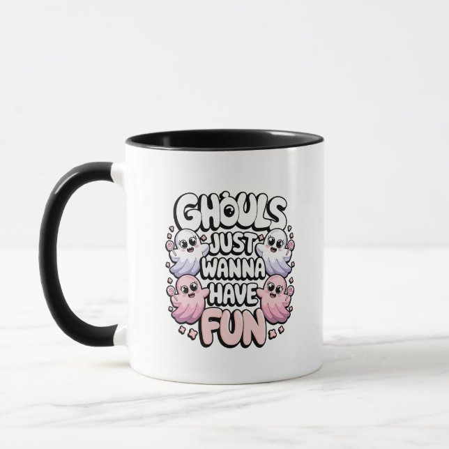 Ghouls nur wollen Spaß pink Lila Halloween Tasse (Links)
