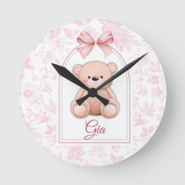 Gia | Benutzerdefiniertes rosa Teddy-Bär-Kinderzim Runde Wanduhr