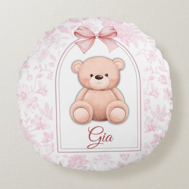 Gia | Benutzerdefiniertes rosa Teddy-Bär-Kinderzim Rundes Kissen (Vorderseite)