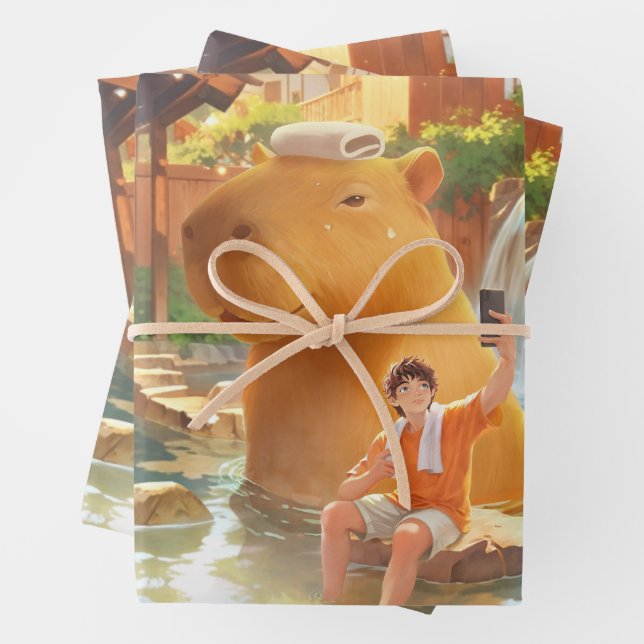 Giant Capybara - Hot Spring Illustration Geschenkpapier Set (Beispiel)