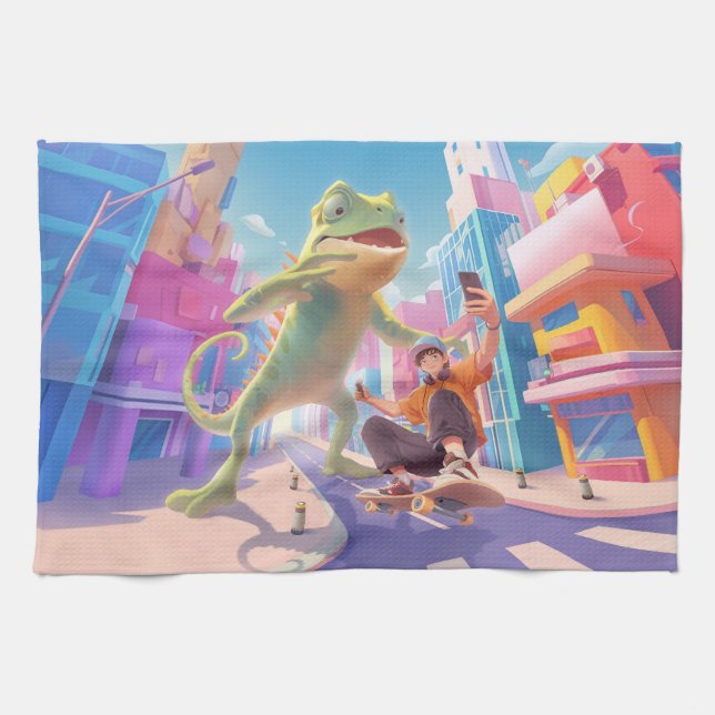 Giant Chameleon - City Illustration Geschirrtuch (Horizontal)