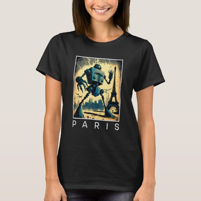 Giant Evil Robot attackiert Paris Sci Fi T-Shirt (Vorderseite)