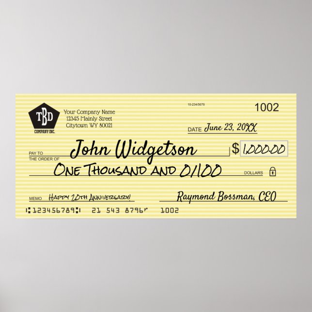 Giant faux presentation check charity bonus prize poster (Vorne)