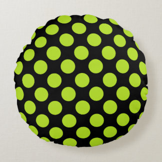 Giant Lime Green Polka Dots on Black Round Pillow Rundes Kissen
