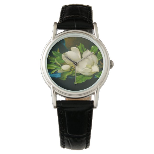 Giant Magnolias auf einem blauen Samttuch (Heade) Armbanduhr (Vorderseite)