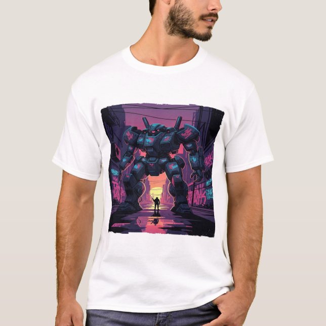 Giant Mech Robot vs Human | Cyberpunk City Sunset  T-Shirt (Vorderseite)