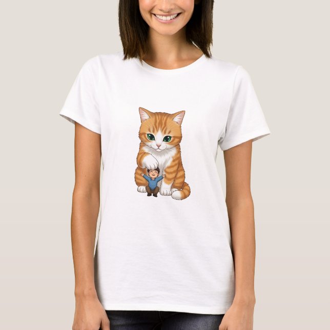 Giant Orange Tabby Cat Gently Patting Tiny Happy T-Shirt (Vorderseite)