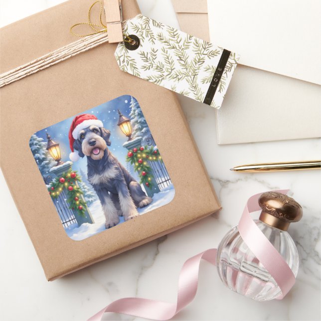 Giant Schnauzer Snowy Iron Fence Santa Christmas Quadratischer Aufkleber (Schenken)