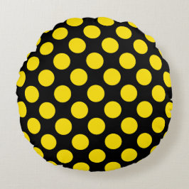 Giant Yellow Polka Dots on Black Round Pillow  Rundes Kissen
