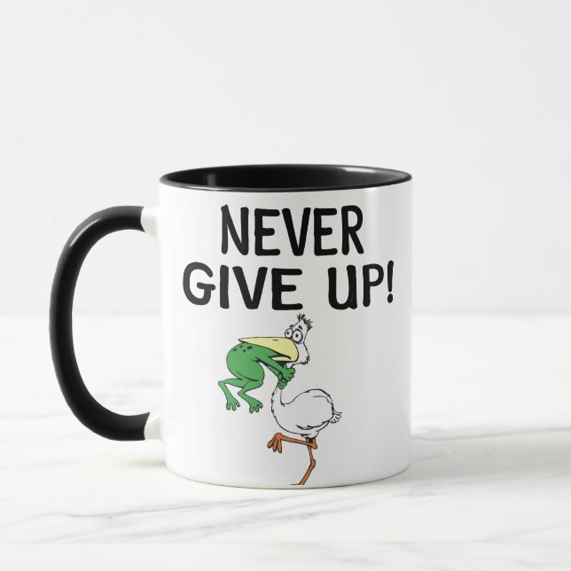 Gib niemals Motivierend Pelikane und Frosch auf Tasse (Links)