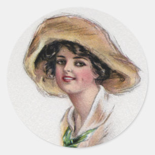 Gibson Girl mit Hut und grüner Krawatte Runder Aufkleber