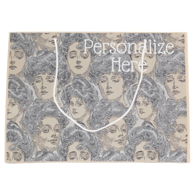 Gibson Girl viktorianische Muster grau peach Vinta Große Geschenktüte (Vorderseite)