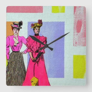 Gibson Girls in einem mondrianischen Muster Quadratische Wanduhr
