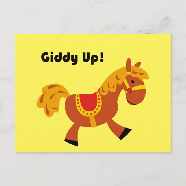 Giddy Up Brown Saddle Horse, Niedlicher Kid's Cart Postkarte (Vorderseite)