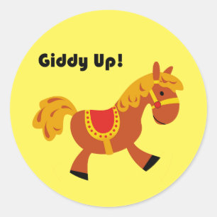 Giddy Up Children's Brown Saddle Horse Cartoon Runder Aufkleber