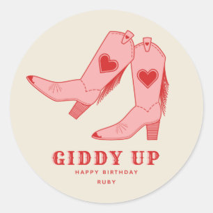 Giddy Up Pink Cowgirl-Stiefel Geburtstag Runder Aufkleber