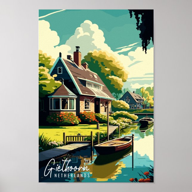 Giethoorn Niederlande Vintage Reise Illustration Poster (Vorne)