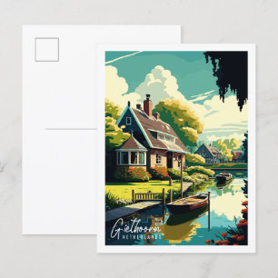 Giethoorn Niederlande vintage Reiseillustration Postkarte