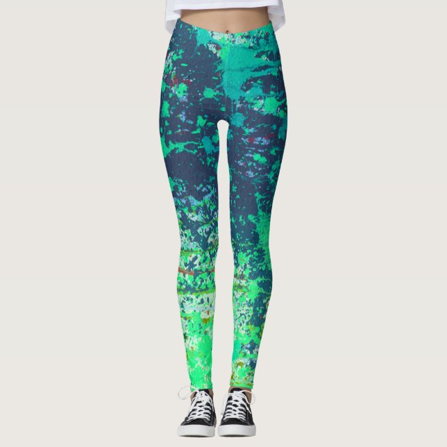 Gift Abstrakt, blauer grüner Spritzer Paint Leggings (Vorderseite)