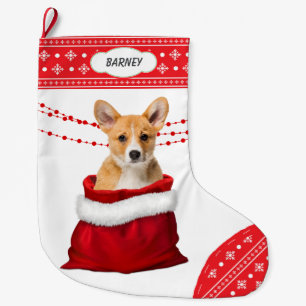 Gift Bag Corgi Welpe Hund Snowflake Border Großer Weihnachtsstrumpf