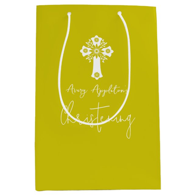 Gift Bag Floral Cross Christening Fern Yellow Mittlere Geschenktüte (Vorderseite)