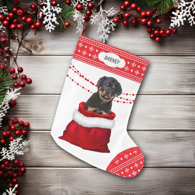 Gift Bag Rottweiler Welpe Hund Snowflake Border Großer Weihnachtsstrumpf (Von Creator hochgeladen)