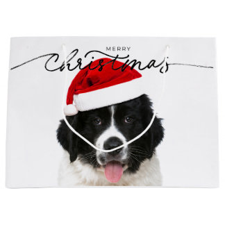 GIFT BAG ST BERNARD PUPPING MIT WEIHNACHTSMANNMÜTZ GROßE GESCHENKTÜTE