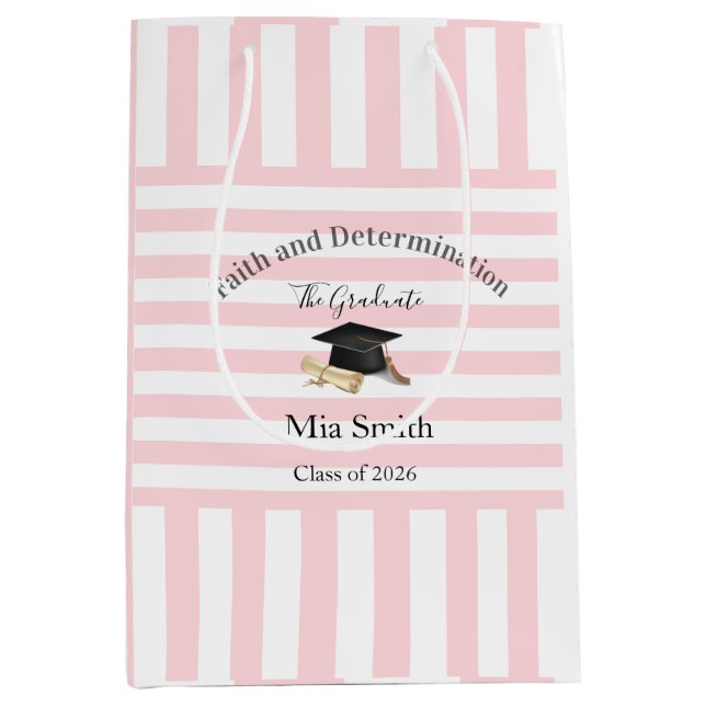 Gift Bags Pink White Stripe Graduation 2026 Mittlere Geschenktüte (Vorderseite)