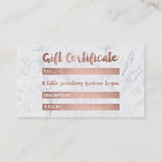 Gift certificate rose gold beauty script marble rabattkarte (Rückseite)