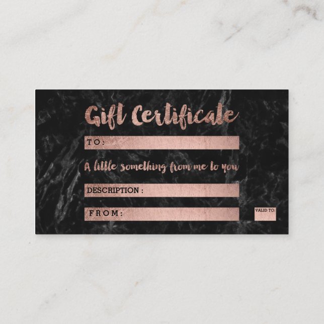 Gift certificate rose gold typography black marble rabattkarte (Rückseite)