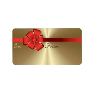 Gift Labels - Red Bow & Ribbon auf Gold Adressaufkleber