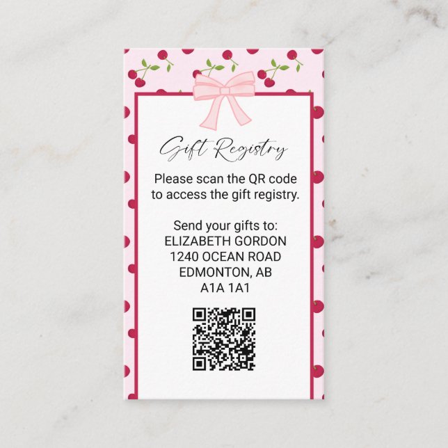 Gift Registry Cherry Baby Shower QR Code Begleitkarte (Vorderseite)
