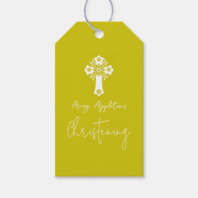 Gift Tag Floral Cross Baptism Yellow Geschenkanhänger (Vorderseite)