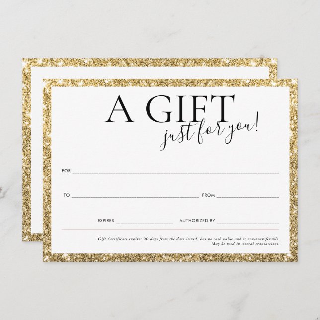 GIFT VOUCHER eleganter Business Gold Glitzer Einladung (Vorne/Hinten)