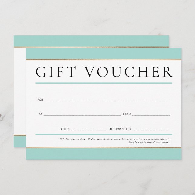 GIFT VOUCHER Moderne elegante Business-Minze grün Einladung (Vorne/Hinten)
