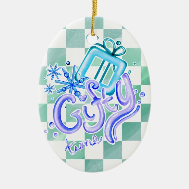 Gifty Time Blue Purple Checkerboard Oval  Keramik Ornament (Vorne)