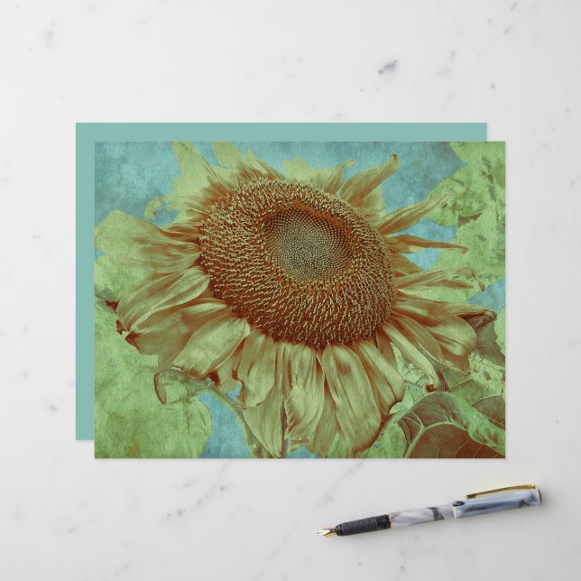Gigant Sonnenblume Aquamarin Gelb Grün Vintag (Vorderseite/Rückseite Beispiel)
