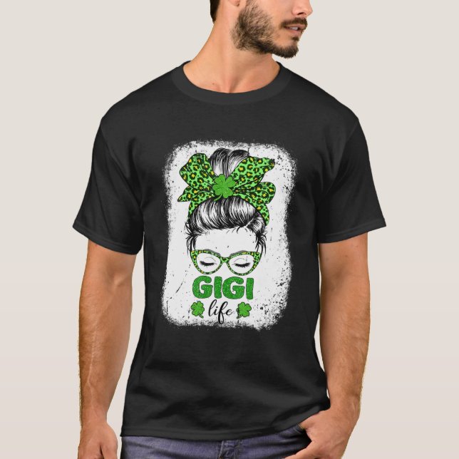Gigi Clover Messy Bun Leopard Funny St Patrick s D T-Shirt (Vorderseite)