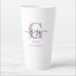 Gigi Elegant Script Monogram Lilac White Milchtasse<br><div class="desc">Letzte Tasse für ein neues oder langjähriges Gigi, das Sie mit dem Datum, an dem sie eine Großmutter oder Urgroßmutter wurden, personalisieren können. Dieses trendige minimalistische Design hat eine hübsche Farbpalette aus Lila, Schwarz und Weiß. Es hat ein Gigi-Monogramm, mit dem Anfangsbuchstaben G und dem Namen Gigi, in der modernen...</div>