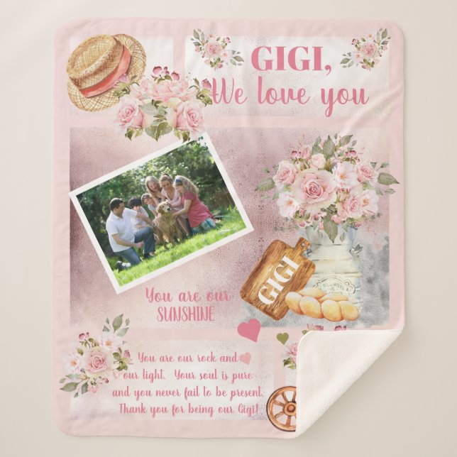 Gigi Wir Liebe Sie Foto Rosa Floral | Skripttext Sherpadecke (Vorderseite)