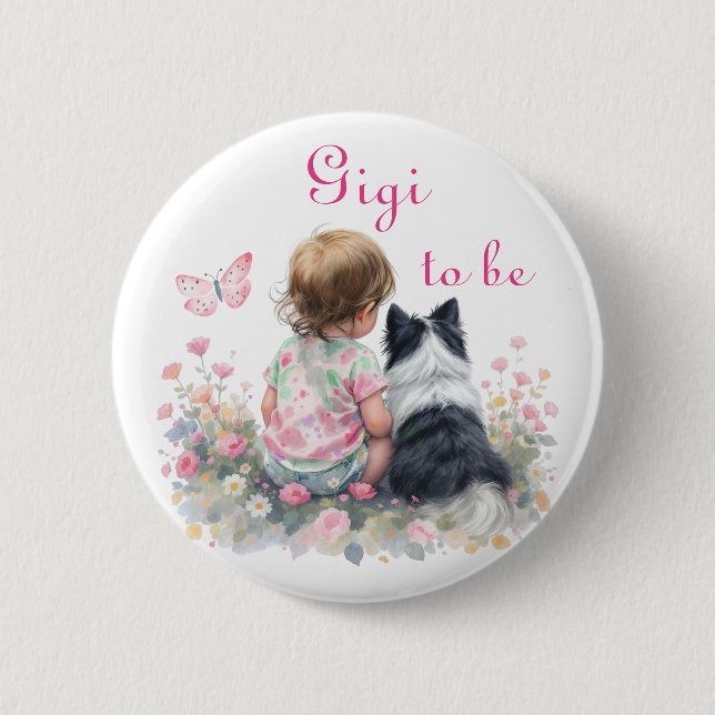 Gigi wird | Rosa Baby- und Welpen-Baby-Shower Button (Vorderseite)